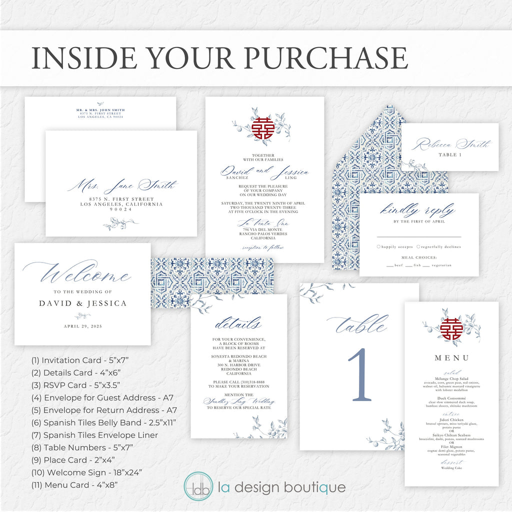 Blue Leaves Wedding Invitation and Signage Suite with Red Double Happiness - Canva Digital Template Bundle