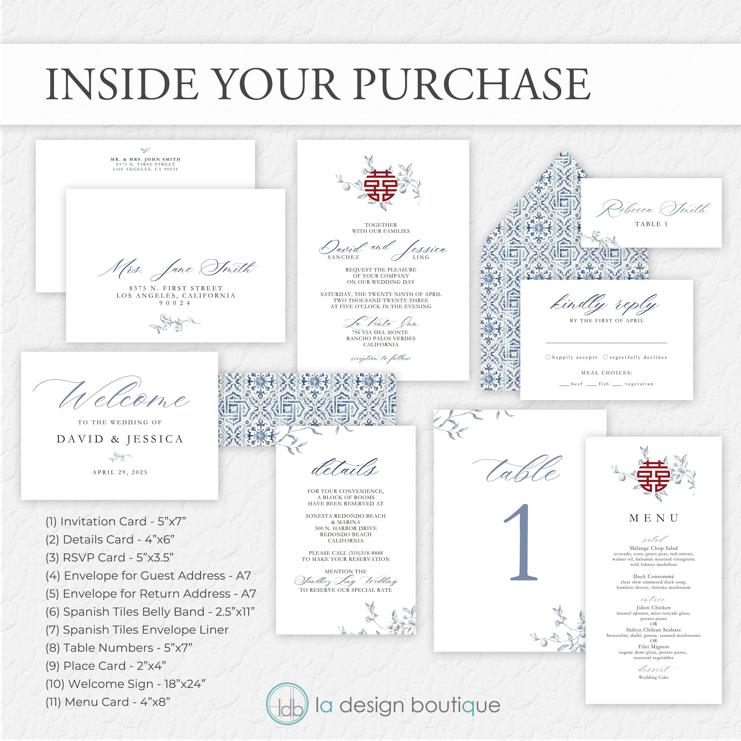 Blue Leaves Wedding Invitation and Signage Suite with Red Double Happiness - Canva Digital Template Bundle